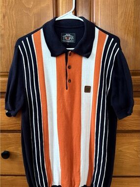 Trojan Records Knit Polo in Orange and Navy Striping